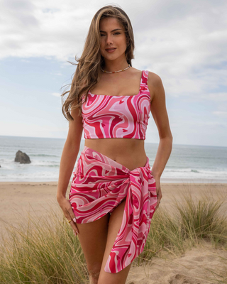 ASHLEA BAKER AMORE SHORT SARONG WRAP - PINK RED SHEER CHIFFON TIE SIDE BEACH COVER-UP